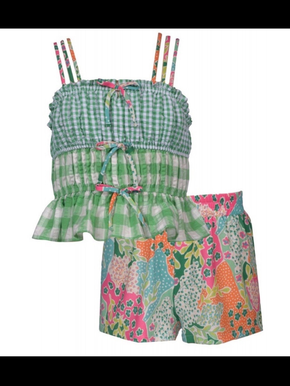 Bonnie Jean Green Gingham Smocked Tank and Bright Floral Patch Shorts